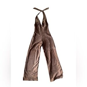 Marianne Vanderwilt Leather Suede Jumpsuit Brown Tan Halter Pants Fringe Wrap